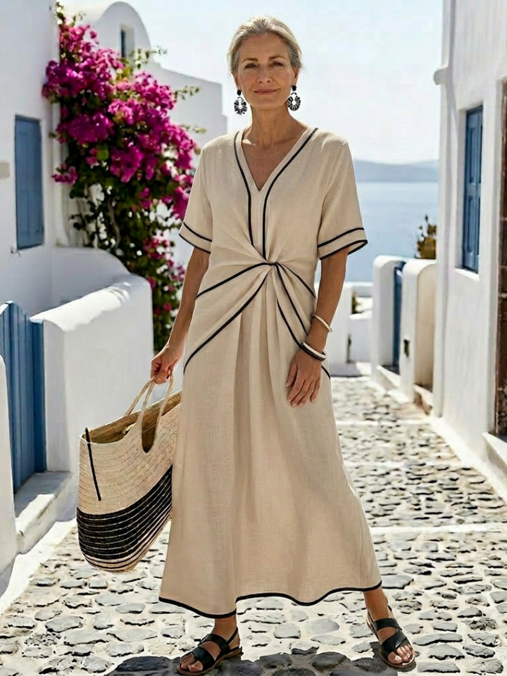 Donatella | V Neck Short Sleeve Gathered Waist Midi Dress